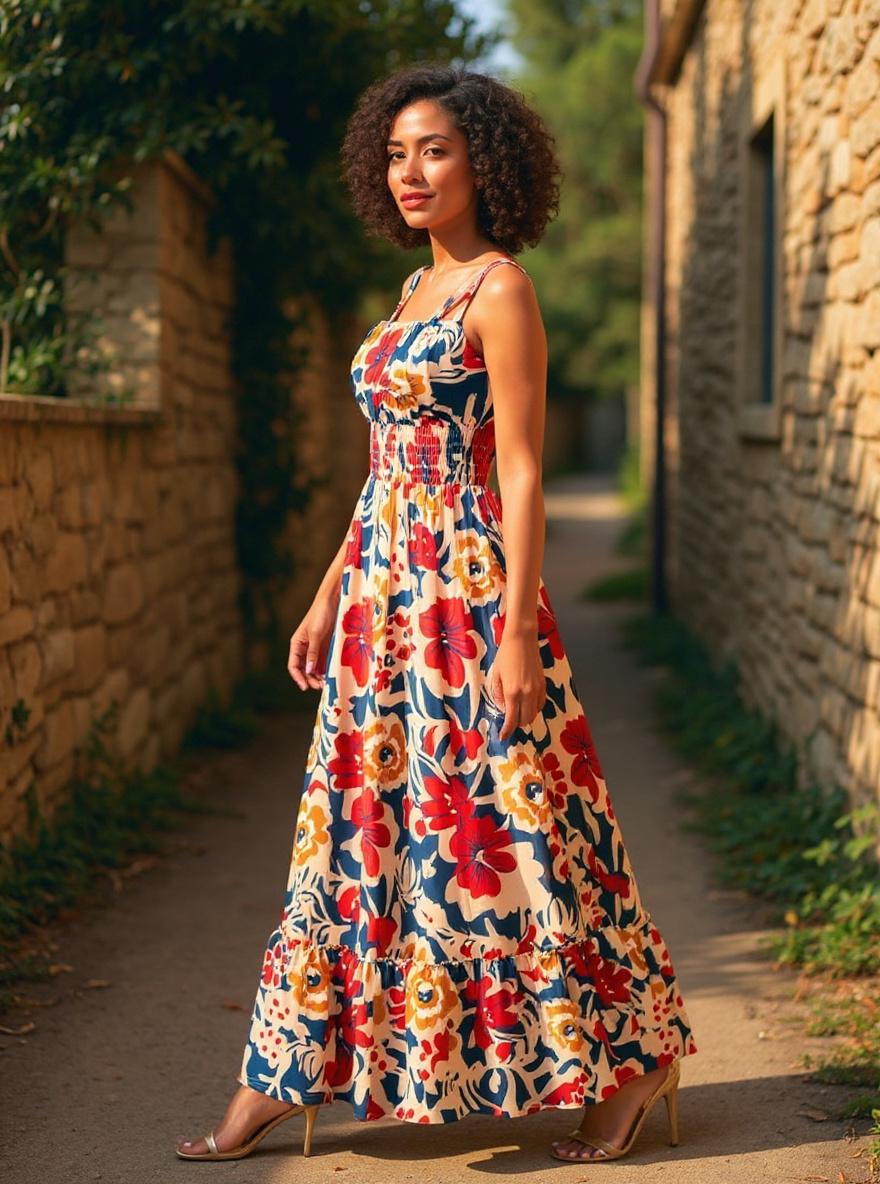 GRACE KARIN {color} smocked floral boho maxi beach dress with pockets, front view — view 3