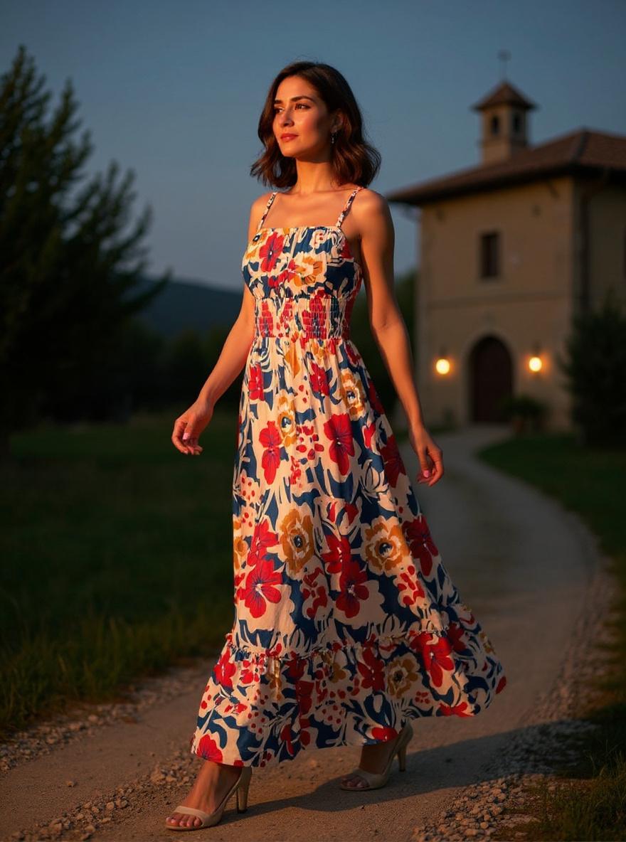 GRACE KARIN {color} smocked floral boho maxi beach dress with pockets, front view — view 3 a