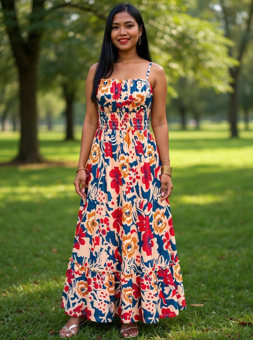 GRACE KARIN {color} smocked floral boho maxi beach dress with pockets, front view — view 5 a