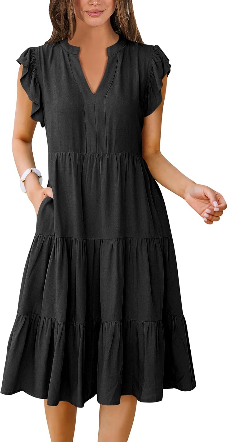 ANRABESS women's boho beach midi dress with ruffle sleeves and tiered flowy skirt in {color} — view 1