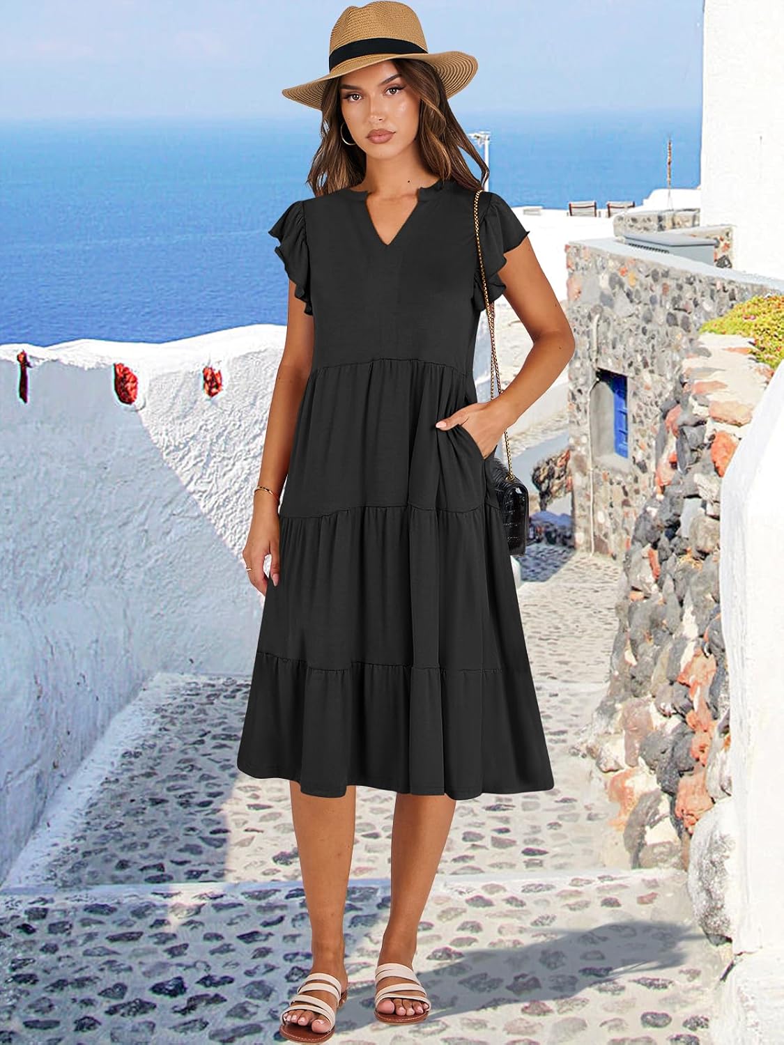 ANRABESS women's boho beach midi dress with ruffle sleeves and tiered flowy skirt in {color} — view 2
