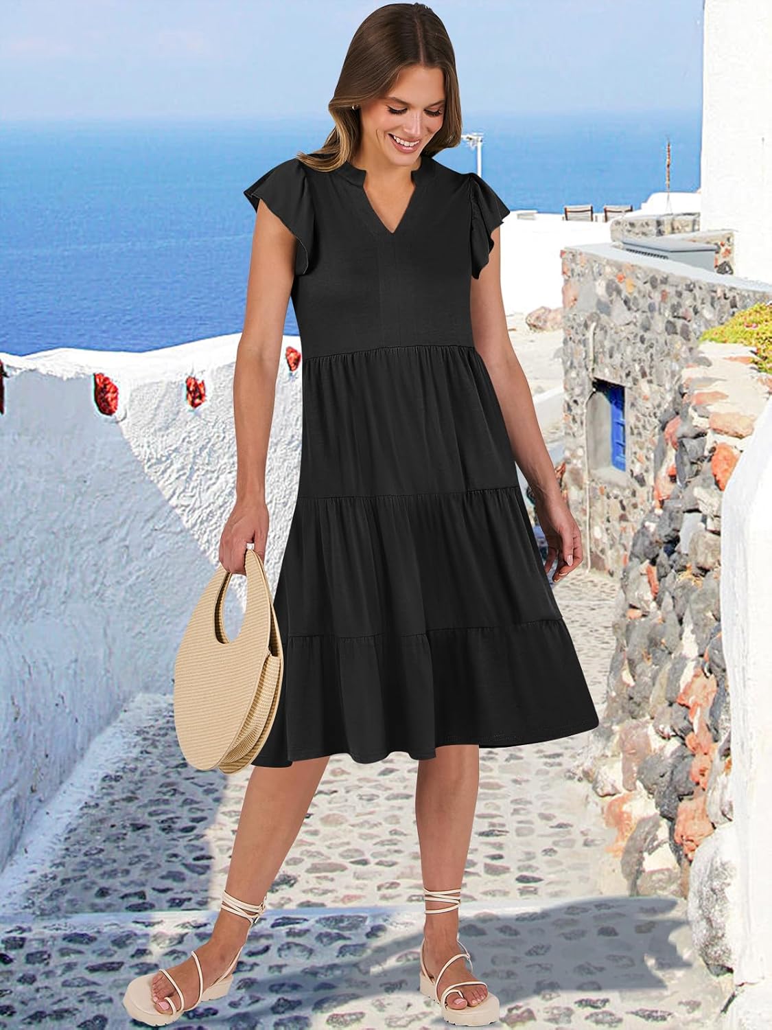 ANRABESS women's boho beach midi dress with ruffle sleeves and tiered flowy skirt in {color} — view 2