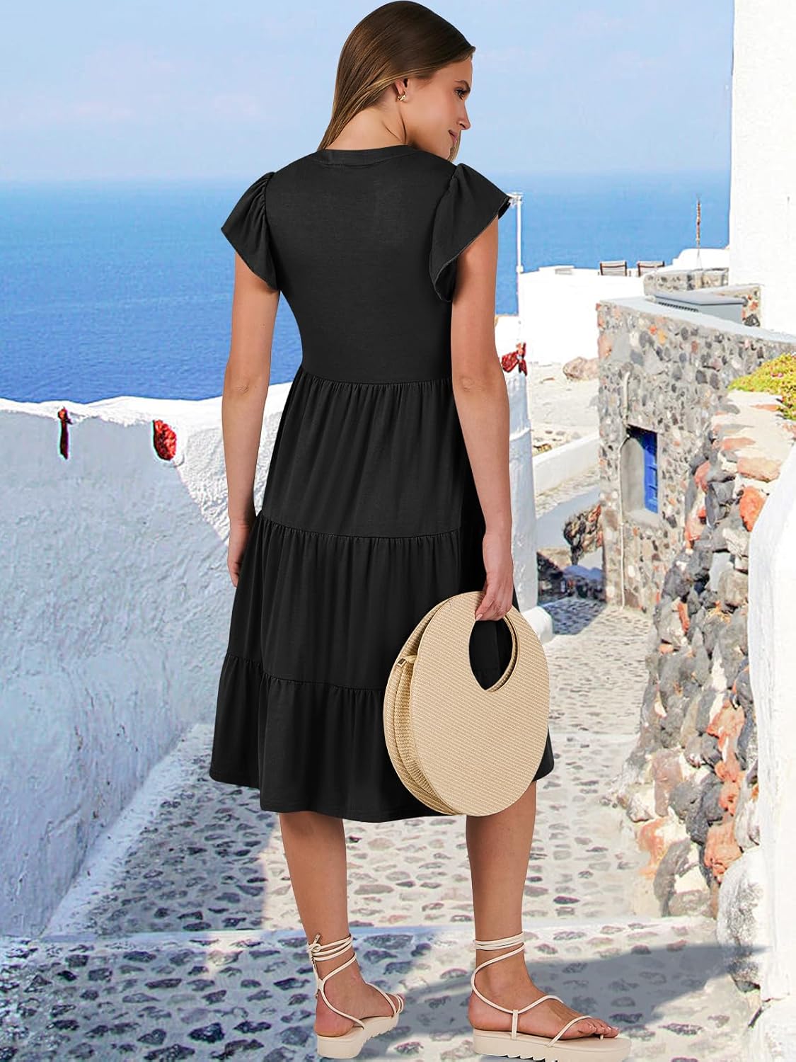 ANRABESS women's boho beach midi dress with ruffle sleeves and tiered flowy skirt in {color} — view 3