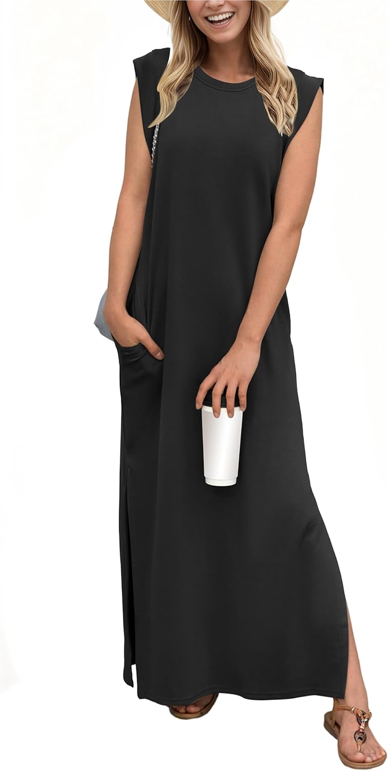 GRECERELLE women's casual maxi dress in [COLOR], loose round neck fit with pockets, wrinkle-free fabric — view 1