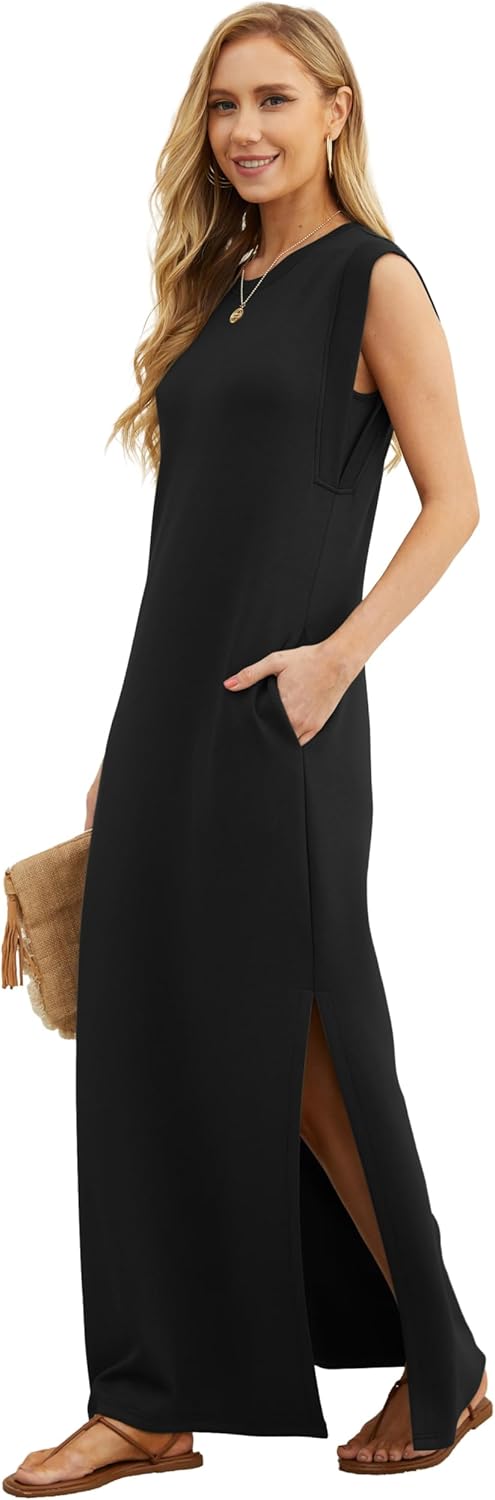 GRECERELLE women's casual maxi dress in [COLOR], loose round neck fit with pockets, wrinkle-free fabric — view 2