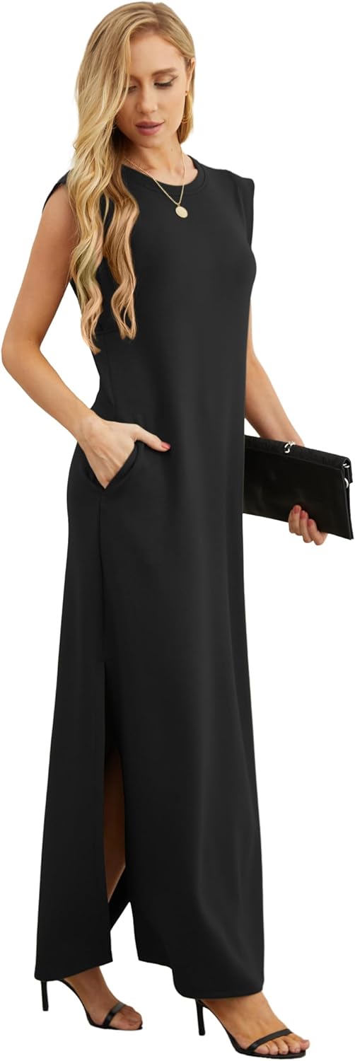 GRECERELLE women's casual maxi dress in [COLOR], loose round neck fit with pockets, wrinkle-free fabric — view 4