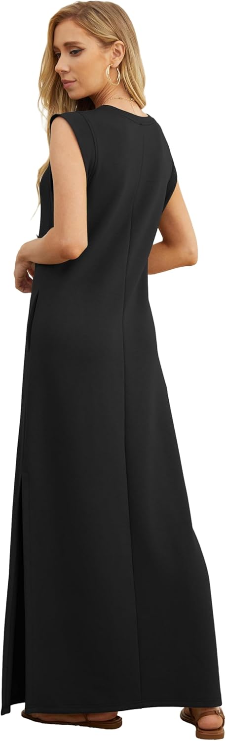 GRECERELLE women's casual maxi dress in [COLOR], loose round neck fit with pockets, wrinkle-free fabric — view 2