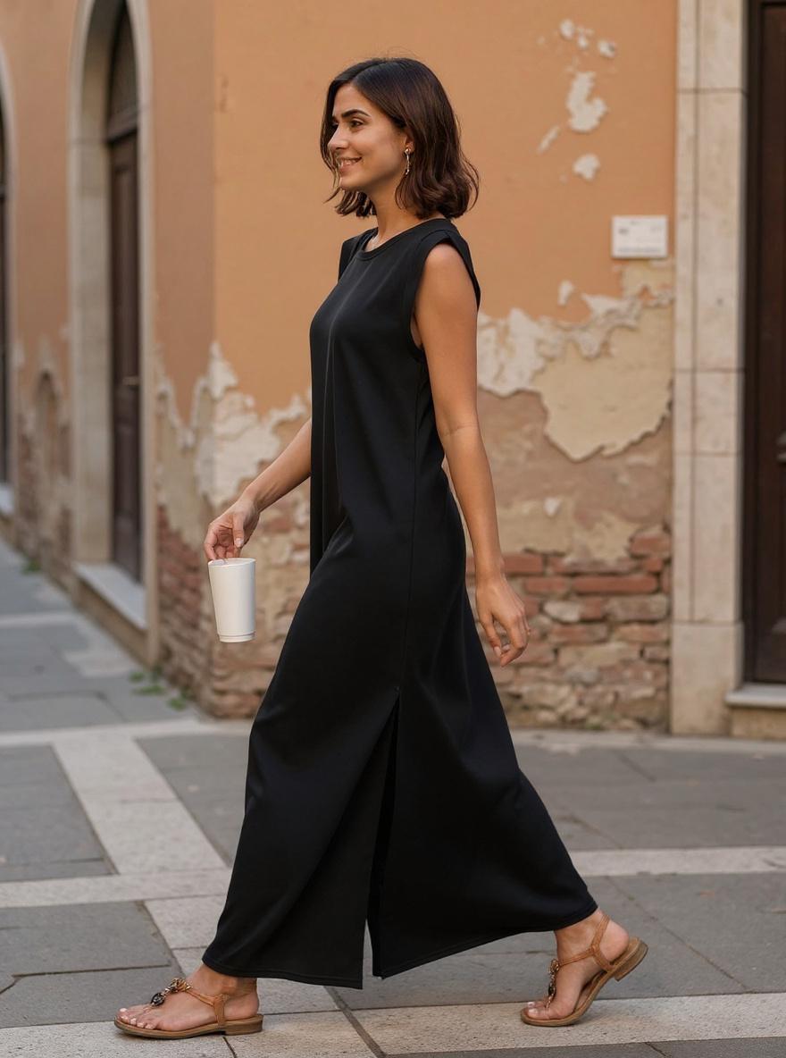 GRECERELLE women's casual maxi dress in [COLOR], loose round neck fit with pockets, wrinkle-free fabric — view 3