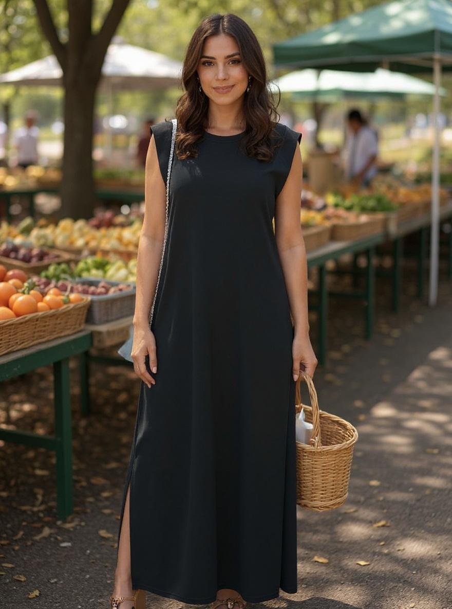 GRECERELLE women's casual maxi dress in [COLOR], loose round neck fit with pockets, wrinkle-free fabric — view 2