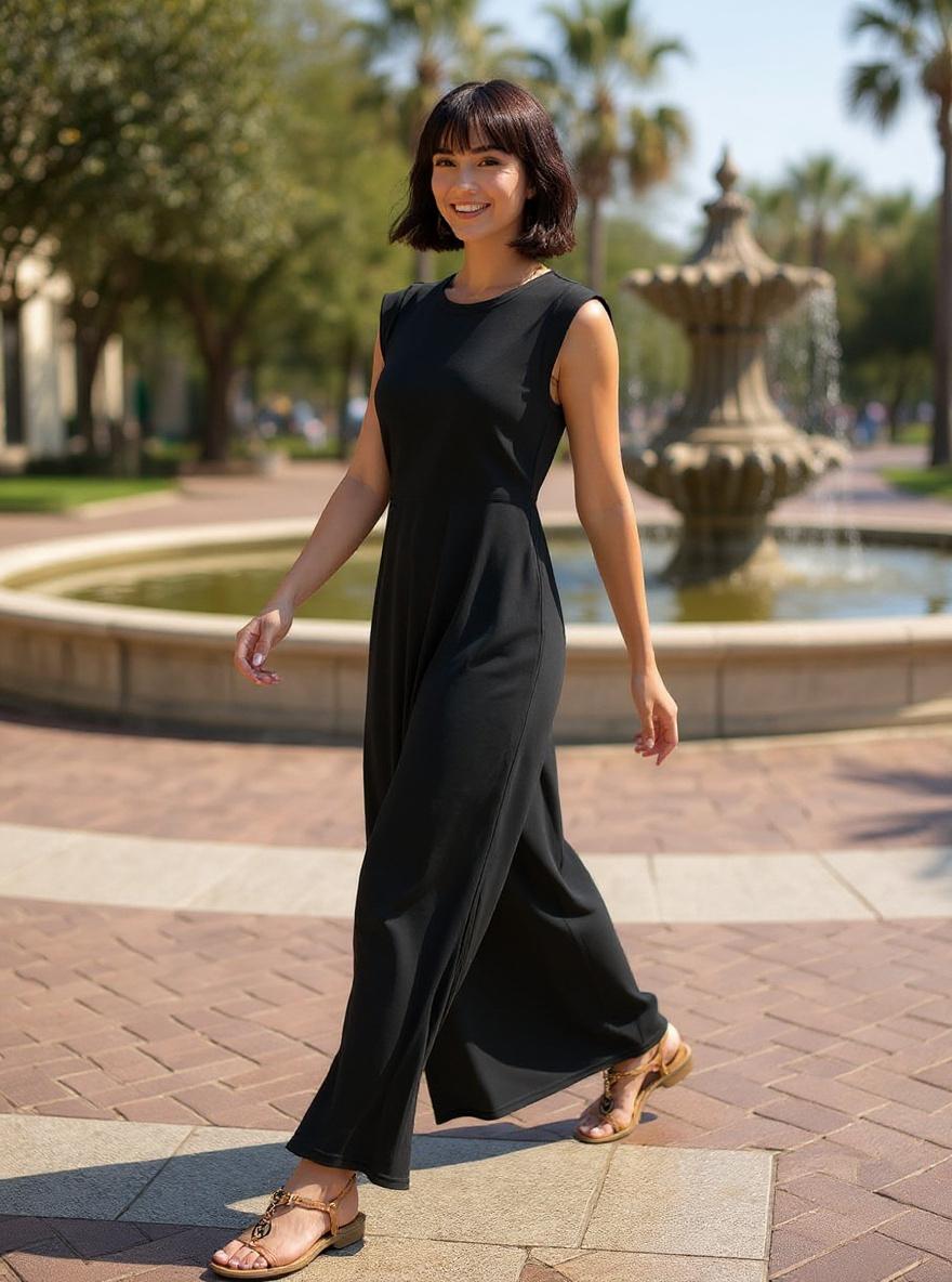 GRECERELLE women's casual maxi dress in [COLOR], loose round neck fit with pockets, wrinkle-free fabric — view 3 a