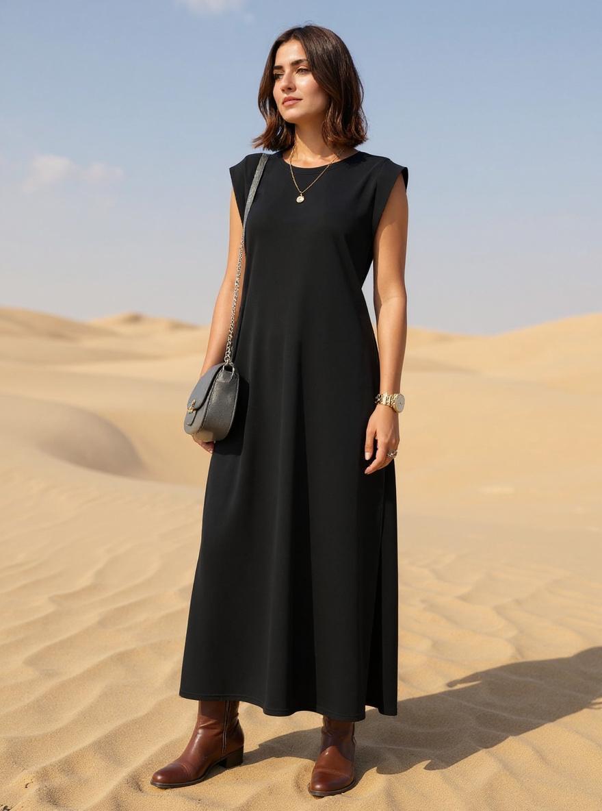 GRECERELLE women's casual maxi dress in [COLOR], loose round neck fit with pockets, wrinkle-free fabric — view 5 a
