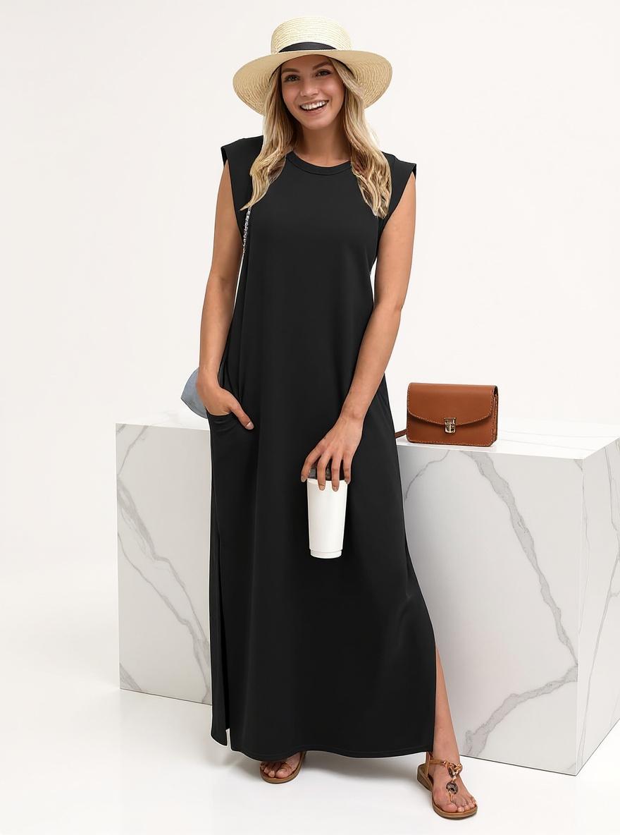 GRECERELLE women's casual maxi dress in [COLOR], loose round neck fit with pockets, wrinkle-free fabric — view 7 a