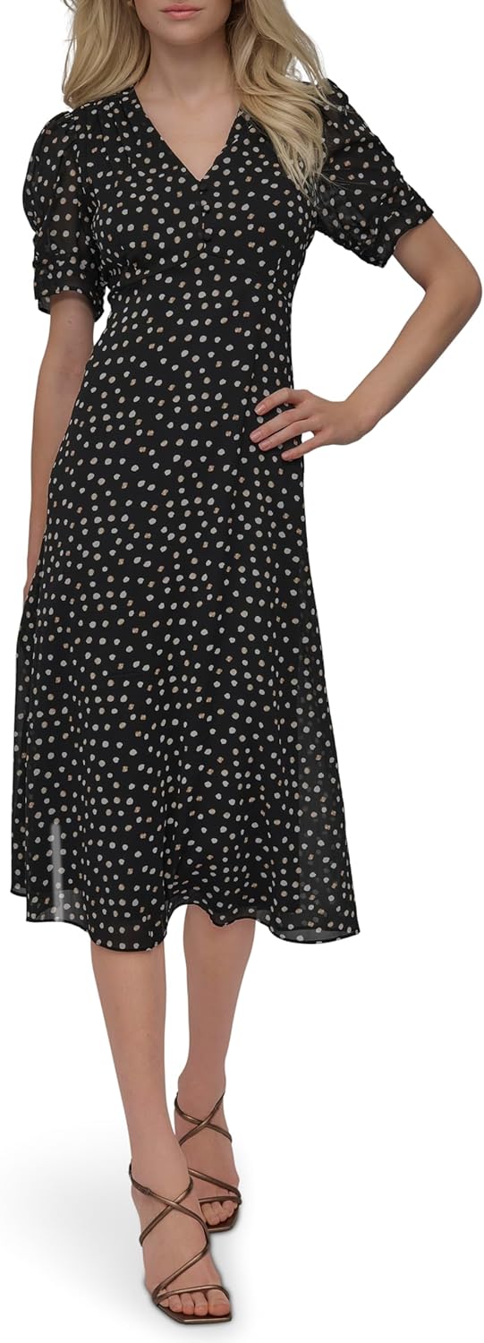 DKNY women's short sleeve button front fit and flare midi dress in {color} — view 1