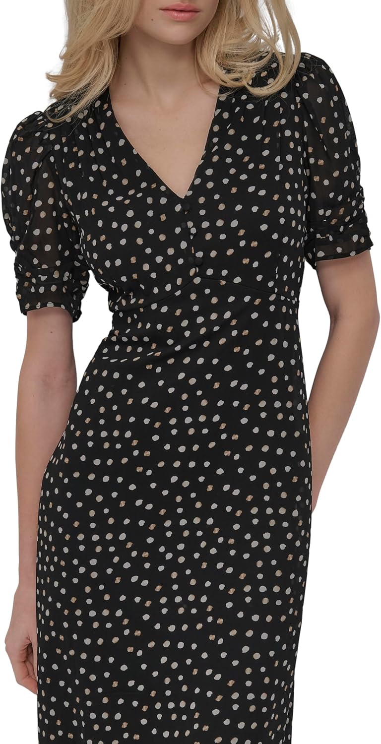DKNY women's short sleeve button front fit and flare midi dress in {color} — view 2