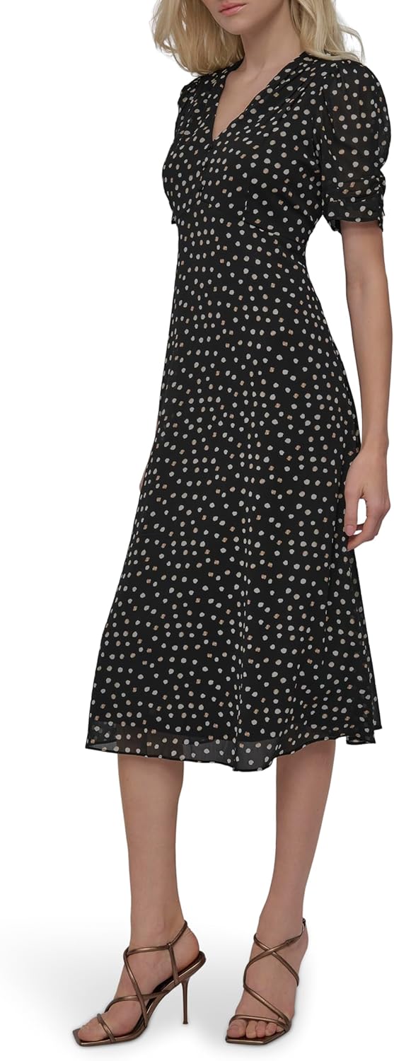 DKNY women's short sleeve button front fit and flare midi dress in {color} — view 3