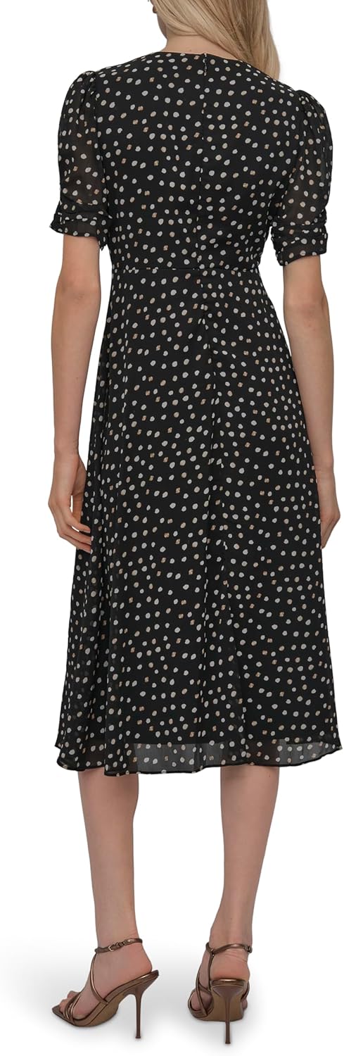 DKNY women's short sleeve button front fit and flare midi dress in {color} — view 4