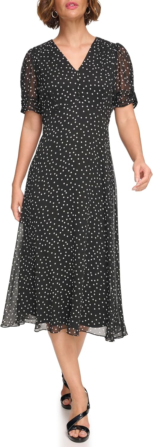 DKNY women's short sleeve button front fit and flare midi dress in {color} — view 3