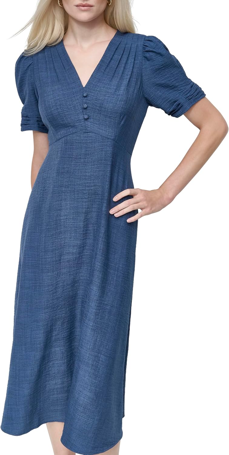 DKNY women's short sleeve button front fit and flare midi dress in {color} — view 4