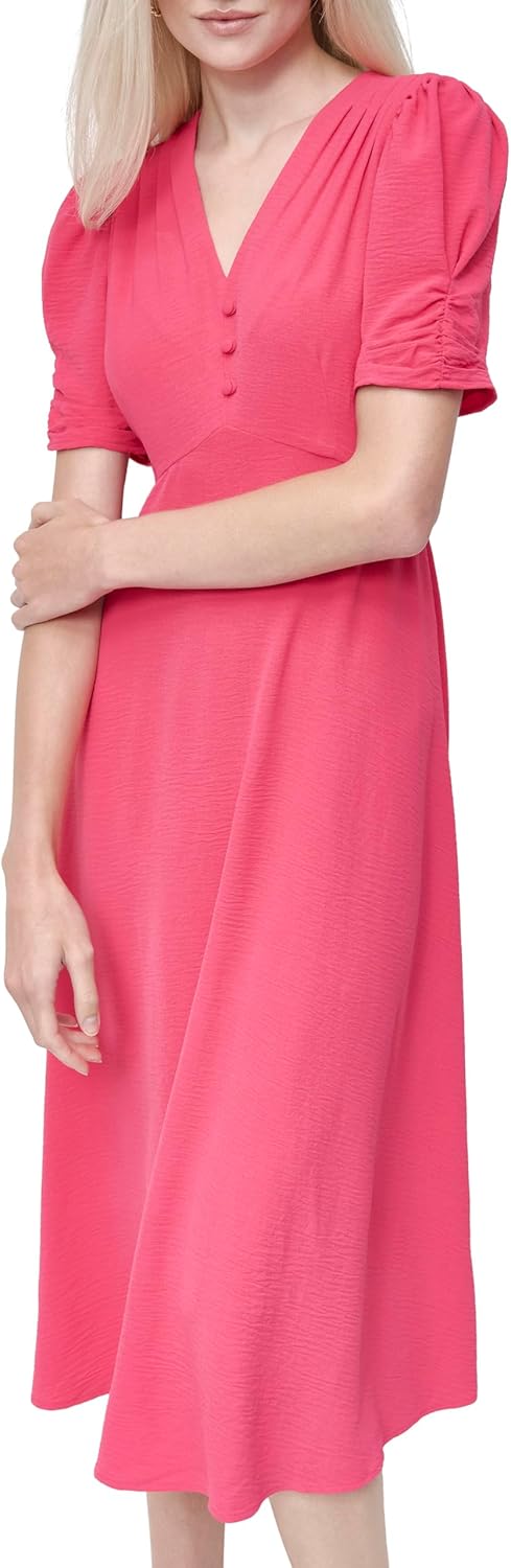 DKNY women's short sleeve button front fit and flare midi dress in {color} — view 5