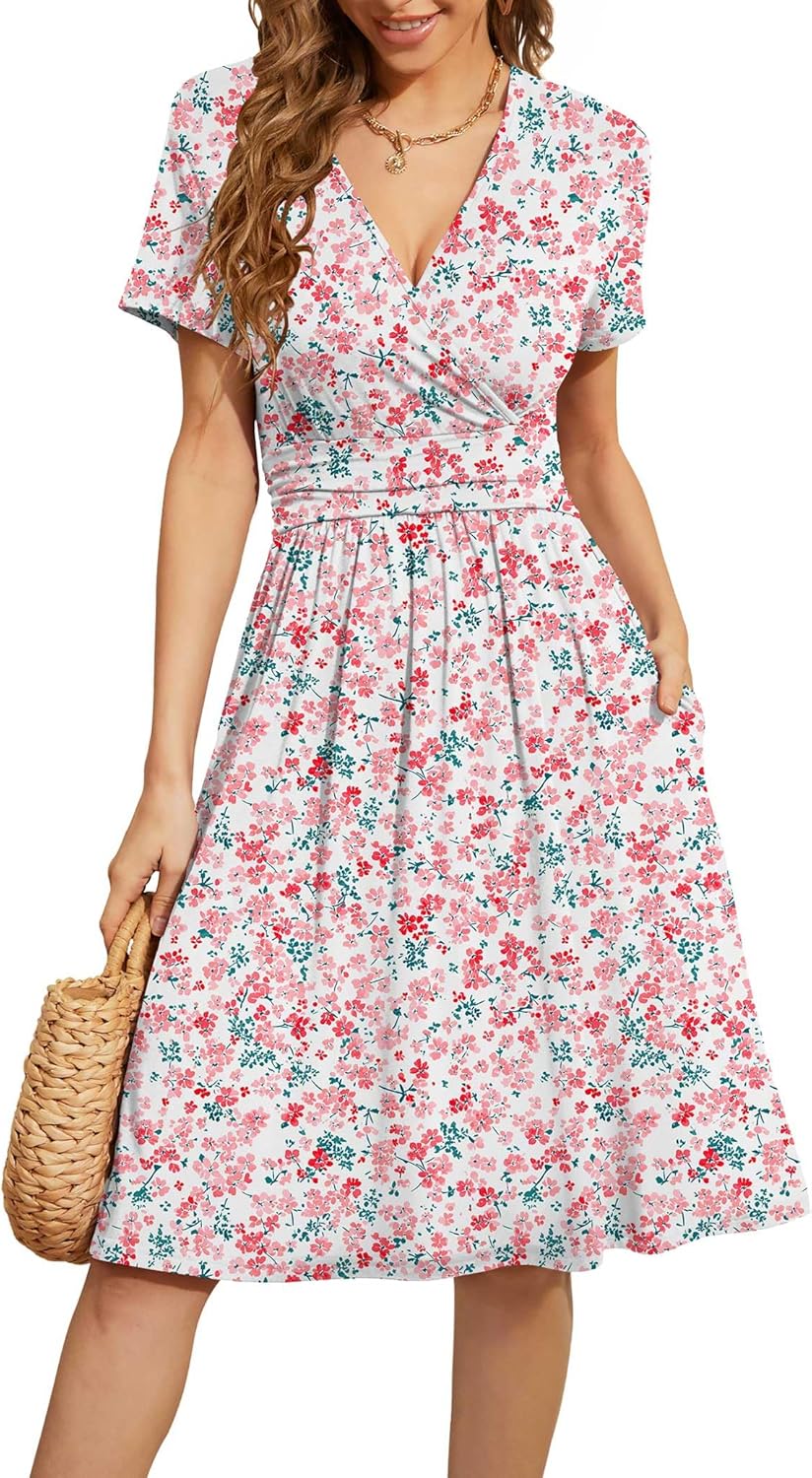 WEACZZY women's short sleeve v-neck casual dress in {color} floral print with functional pockets — view 5