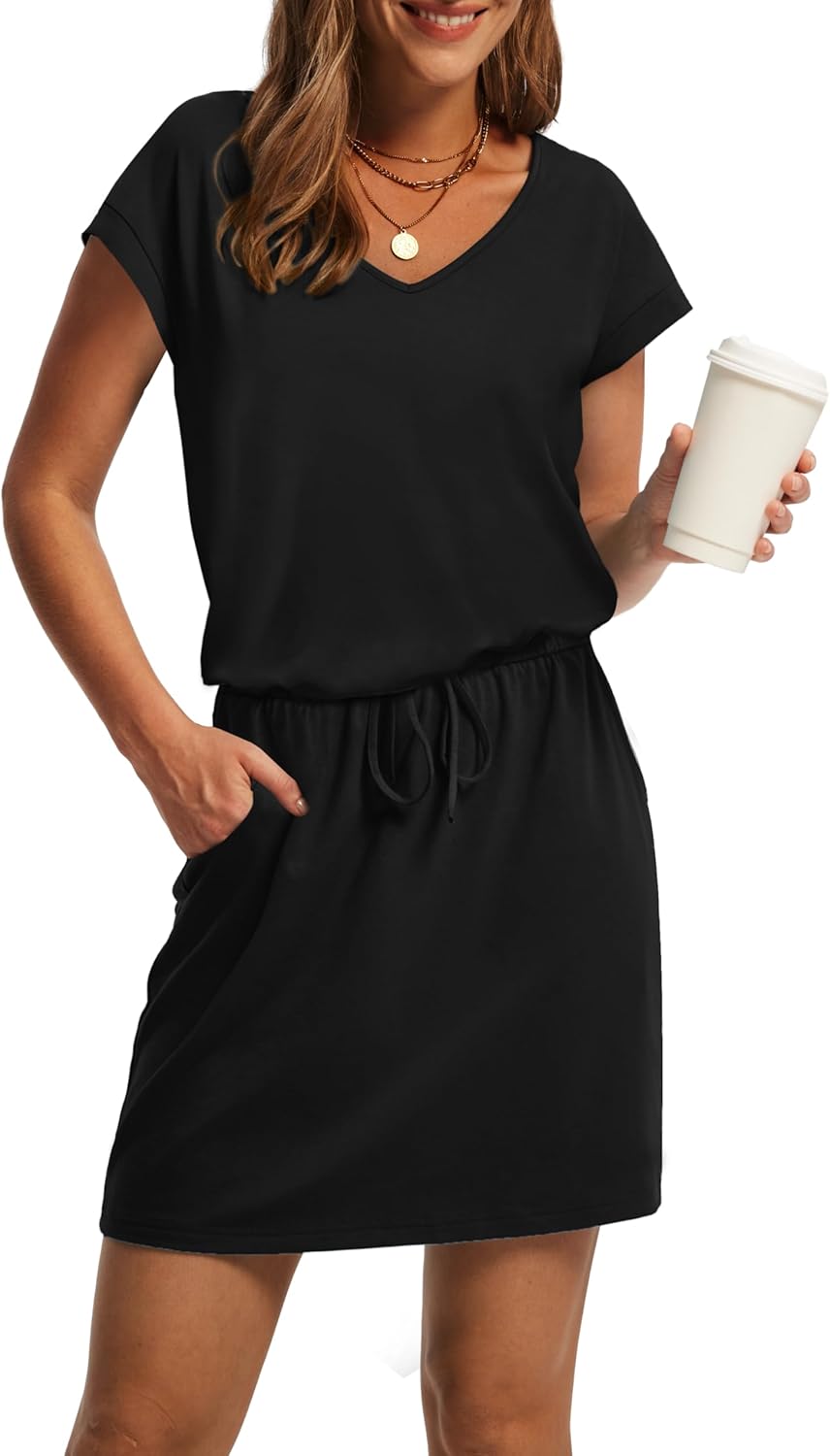 OFEEFAN women's casual summer mini dress with V-neck and tie waist in {color} — view 1