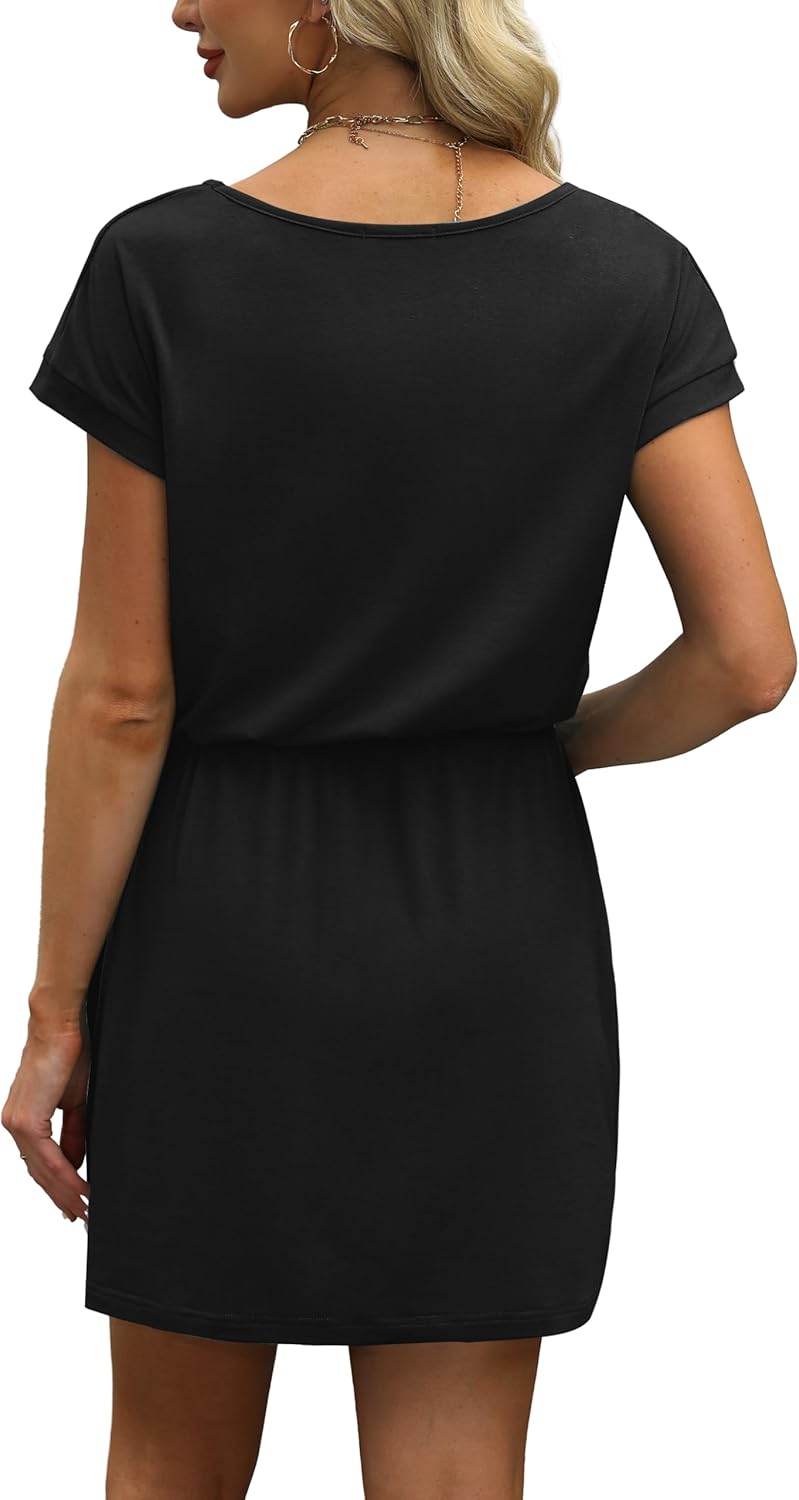 OFEEFAN women's casual summer mini dress with V-neck and tie waist in {color} — view 2