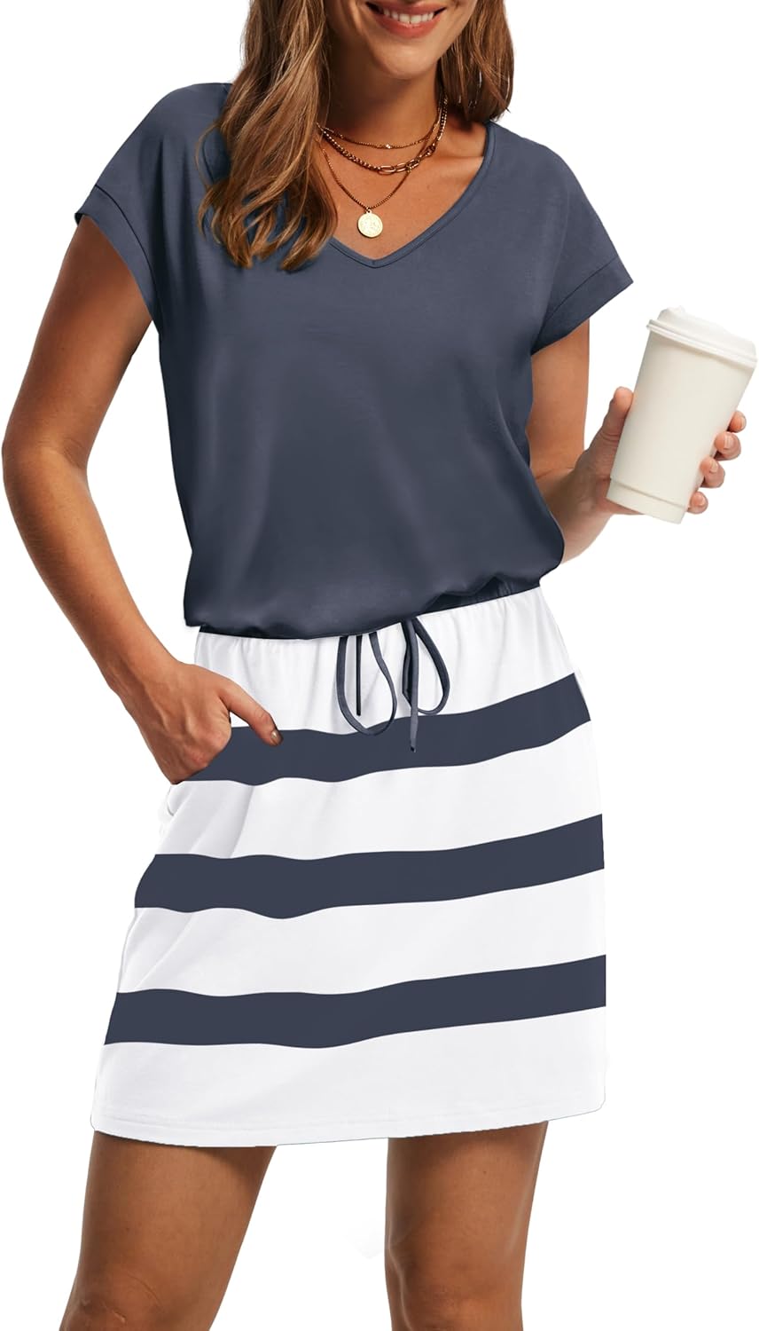 OFEEFAN women's casual summer mini dress with V-neck and tie waist in {color} — view 3
