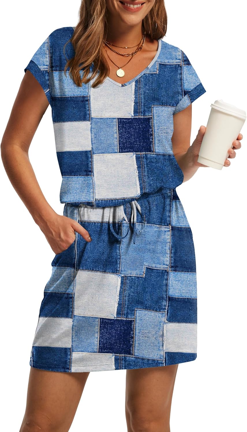 OFEEFAN women's casual summer mini dress with V-neck and tie waist in {color} — view 4