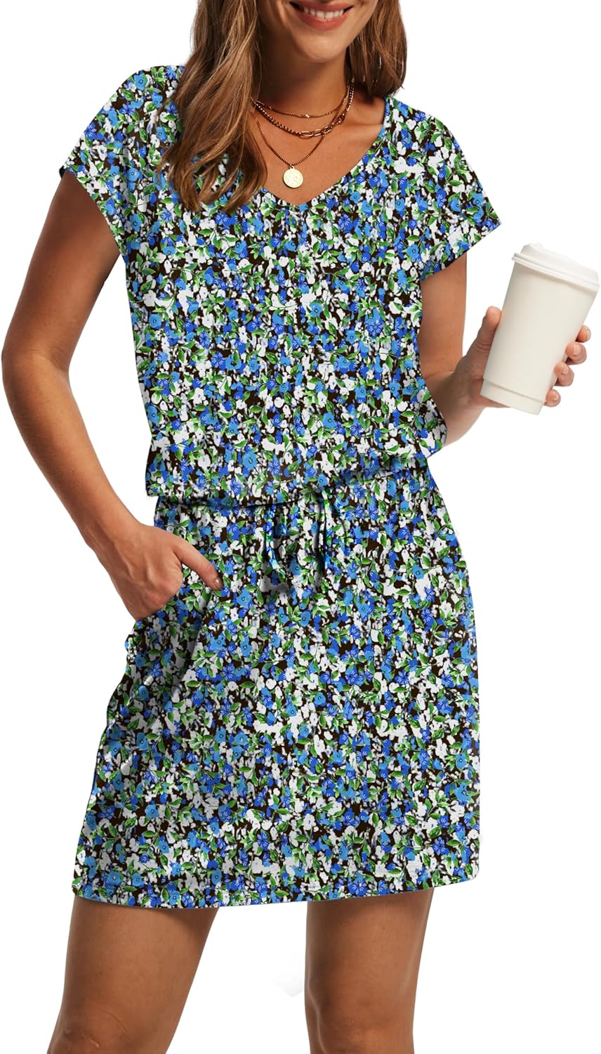 OFEEFAN women's casual summer mini dress with V-neck and tie waist in {color} — view 5