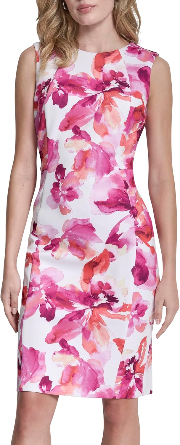 DKNY women's sleeveless jewel neck scuba crepe sheath mini dress in [color] — view 1