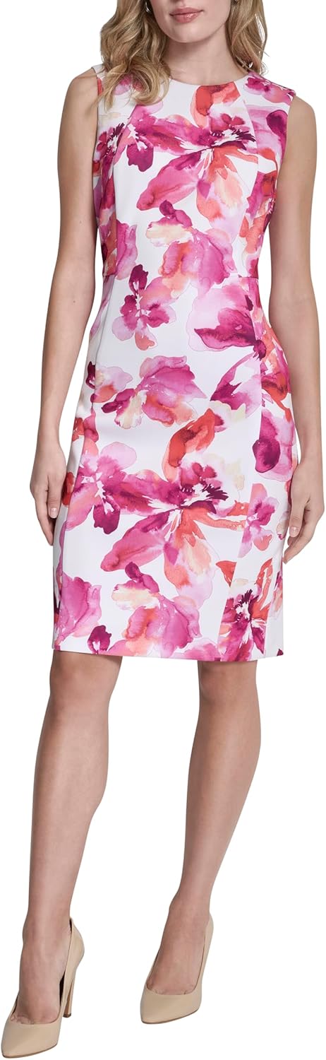 DKNY women's sleeveless jewel neck scuba crepe sheath mini dress in [color] — view 2