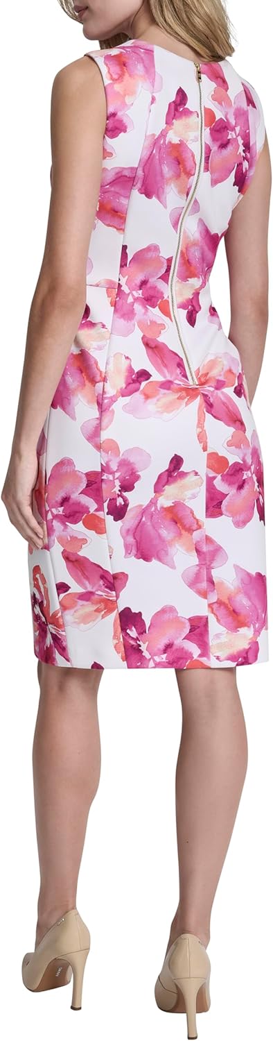 DKNY women's sleeveless jewel neck scuba crepe sheath mini dress in [color] — view 3