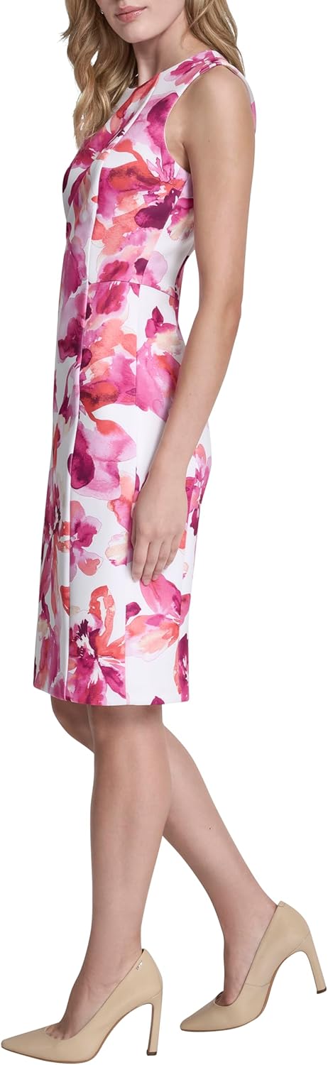 DKNY women's sleeveless jewel neck scuba crepe sheath mini dress in [color] — view 4