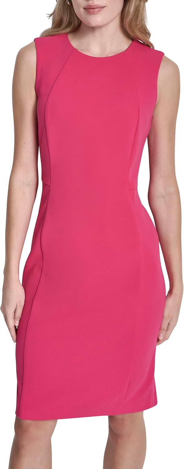 DKNY women's sleeveless jewel neck scuba crepe sheath mini dress in [color] — view 4