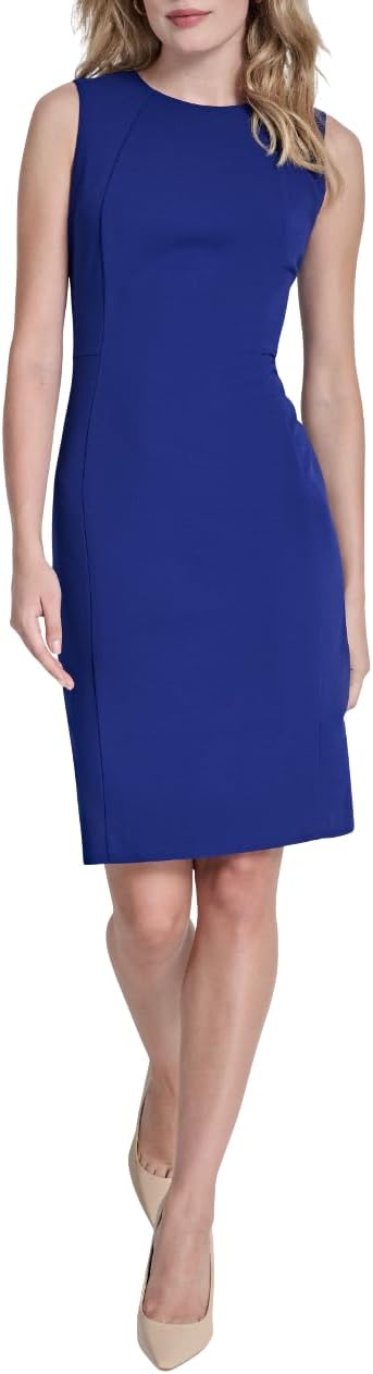 DKNY women's sleeveless jewel neck scuba crepe sheath mini dress in [color] — view 5