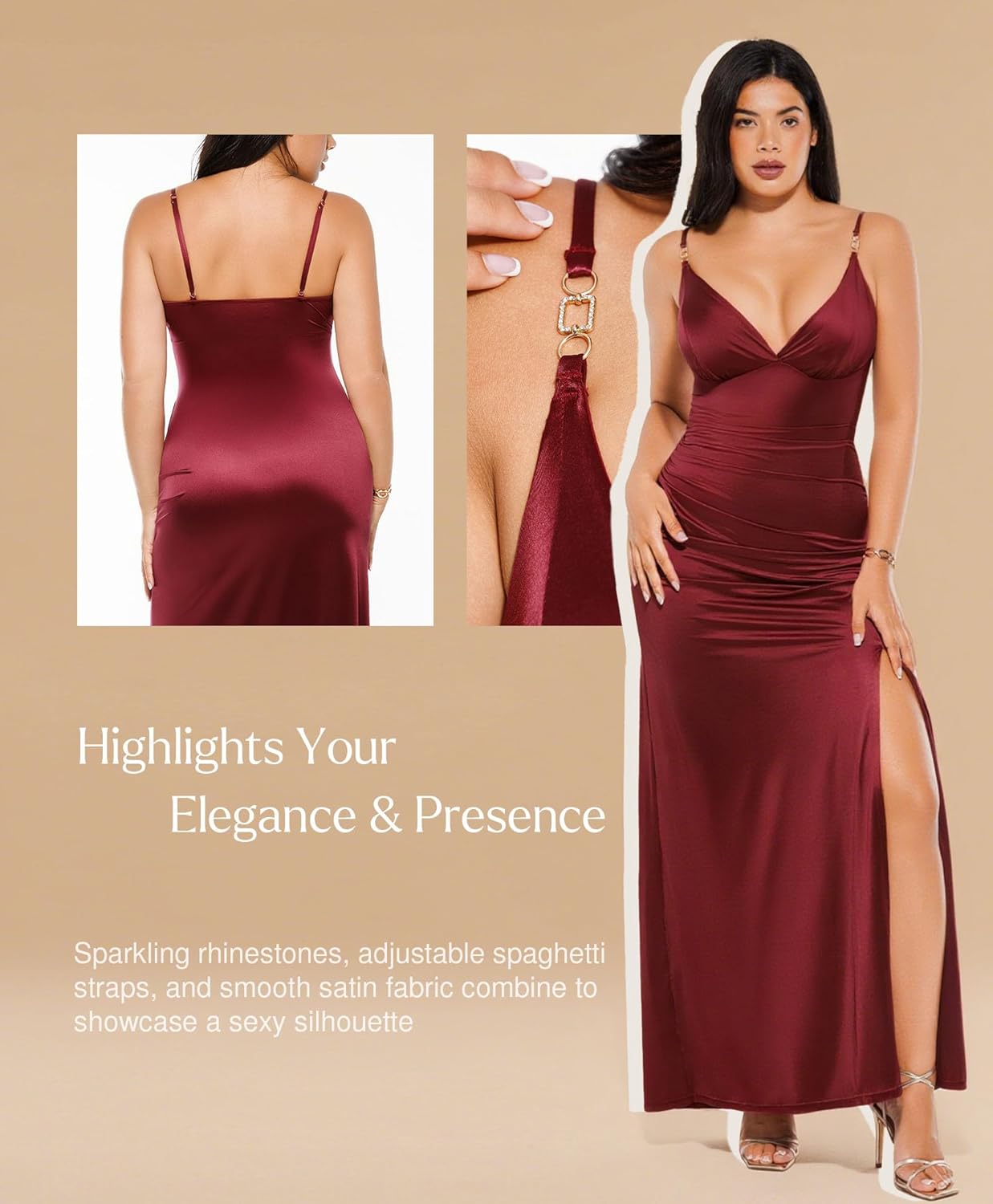 Popilush women's sexy maxi dress in [color] featuring deep V neckline, ruched shapewear detailing, and side slit — view 2