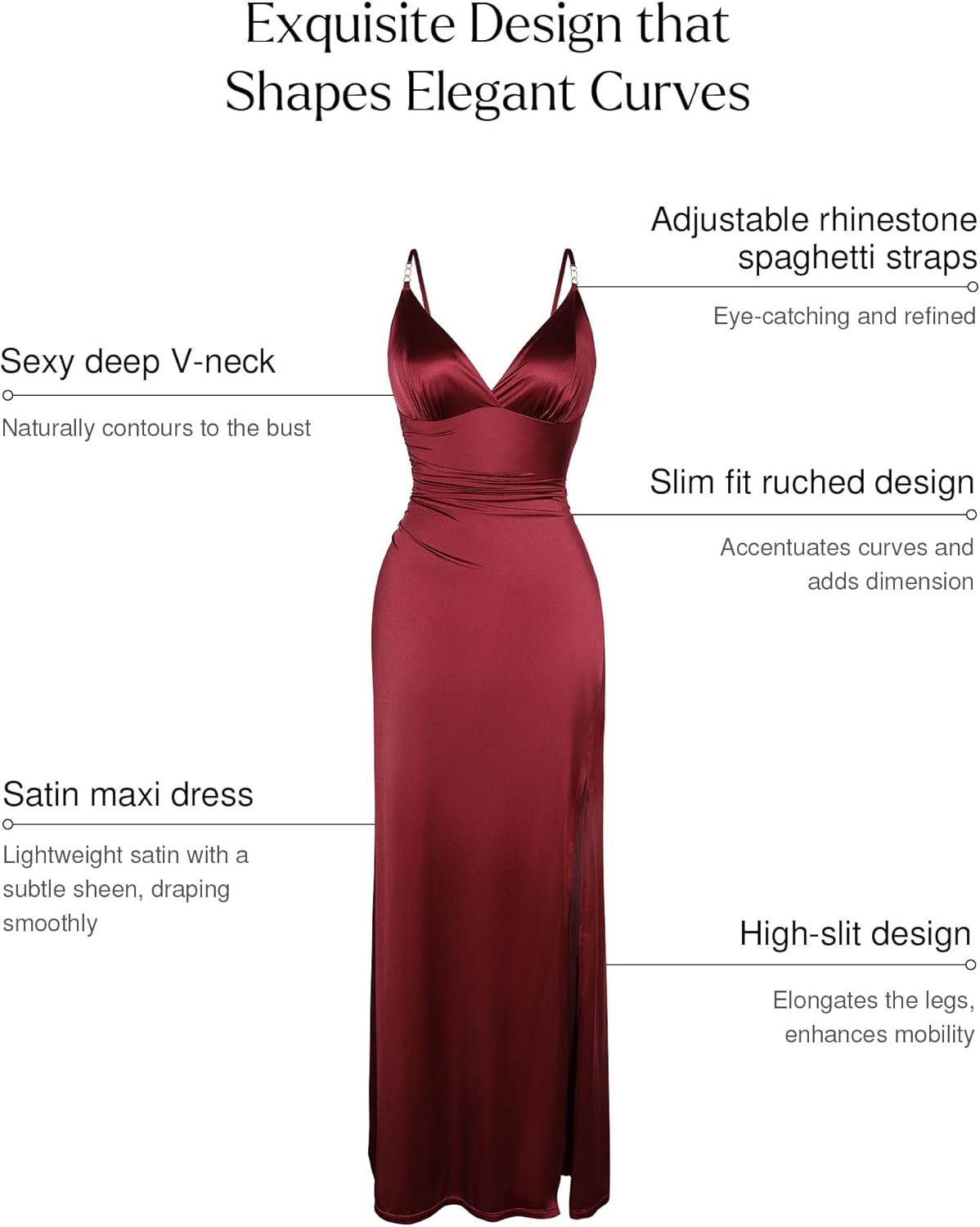 Popilush women's sexy maxi dress in [color] featuring deep V neckline, ruched shapewear detailing, and side slit — view 3