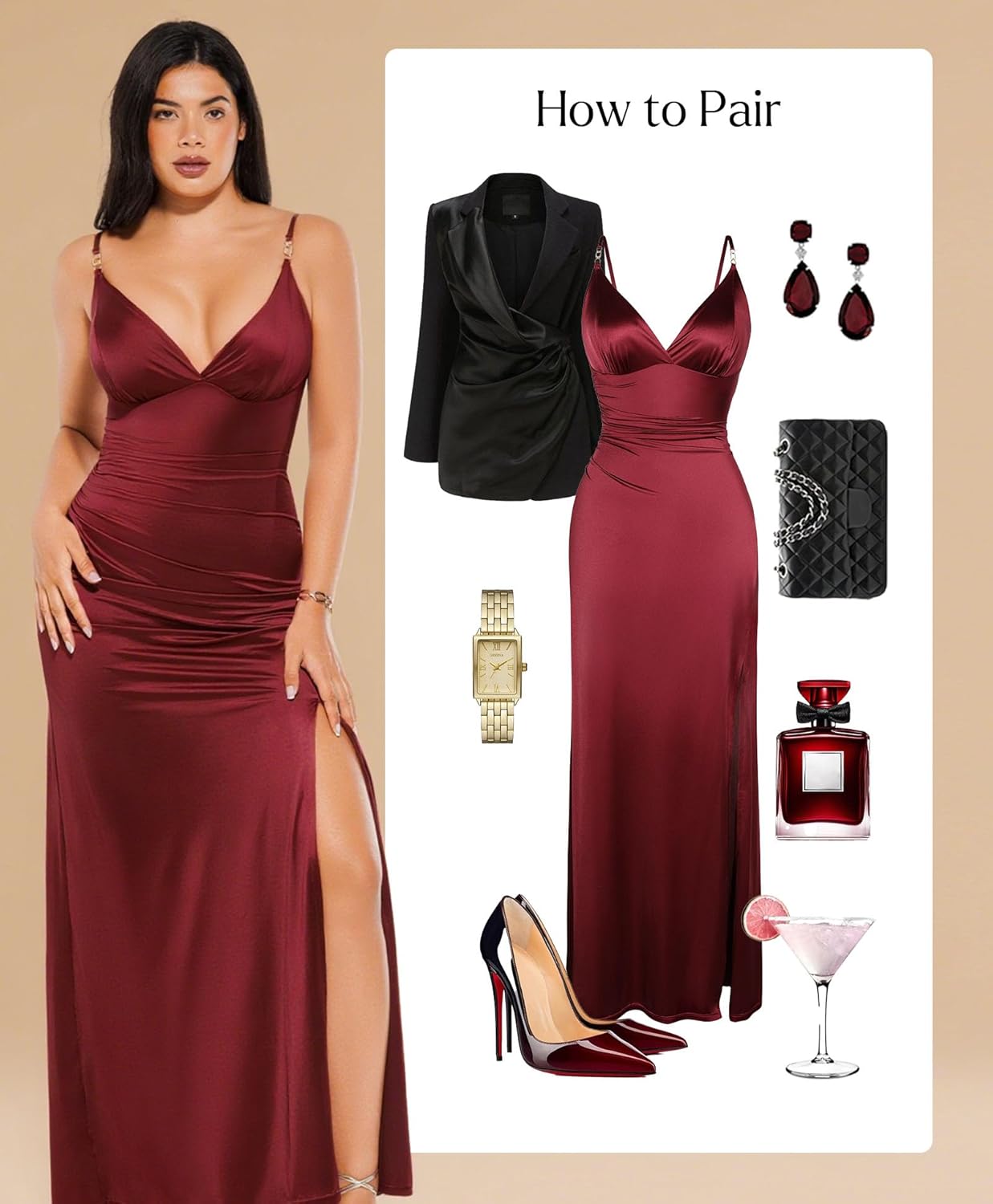 Popilush women's sexy maxi dress in [color] featuring deep V neckline, ruched shapewear detailing, and side slit — view 2
