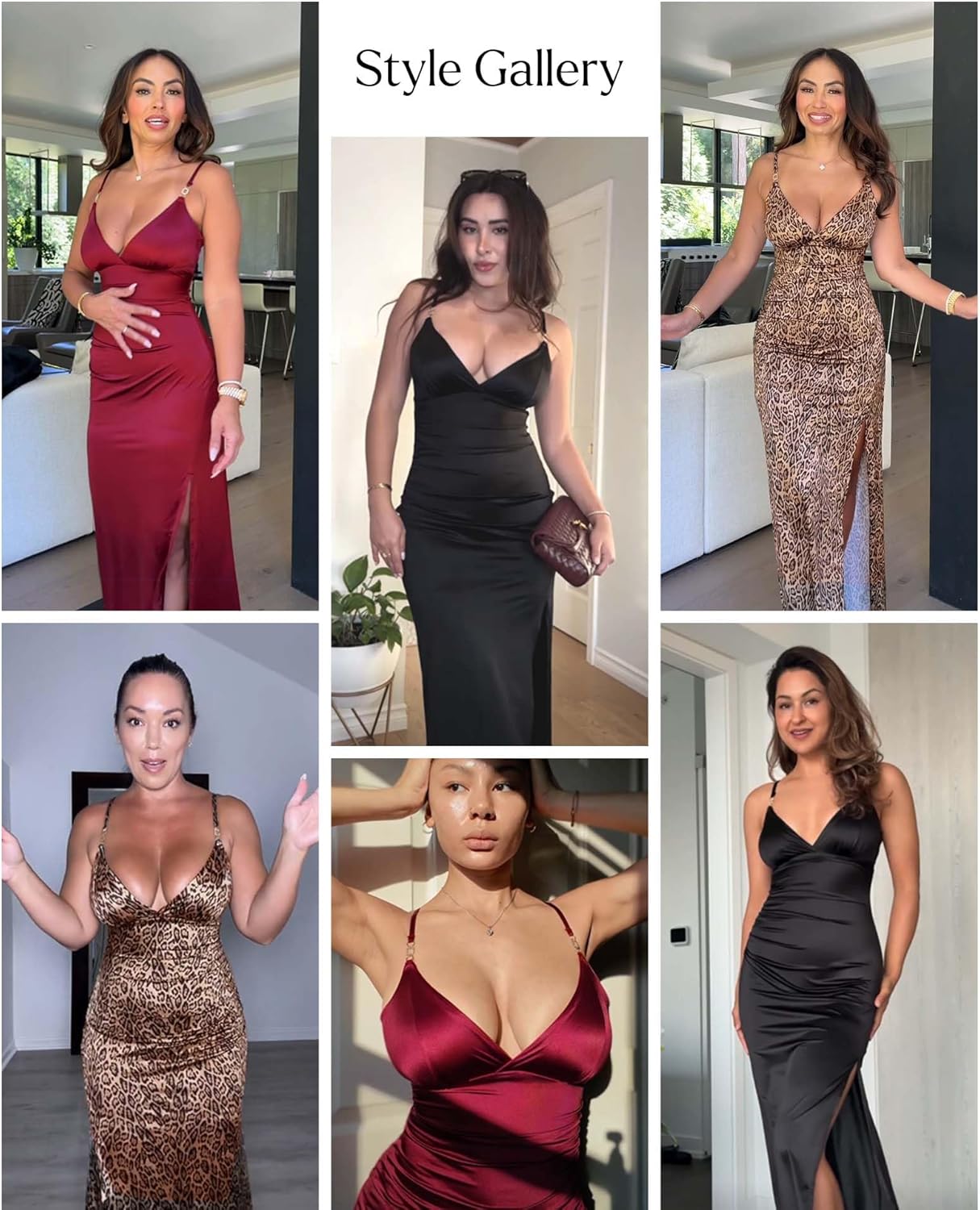 Popilush women's sexy maxi dress in [color] featuring deep V neckline, ruched shapewear detailing, and side slit — view 3