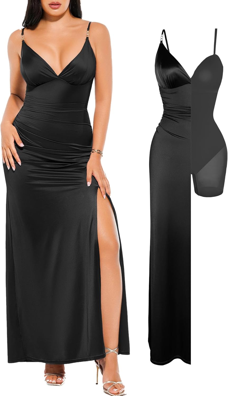 Popilush women's sexy maxi dress in [color] featuring deep V neckline, ruched shapewear detailing, and side slit — view 5