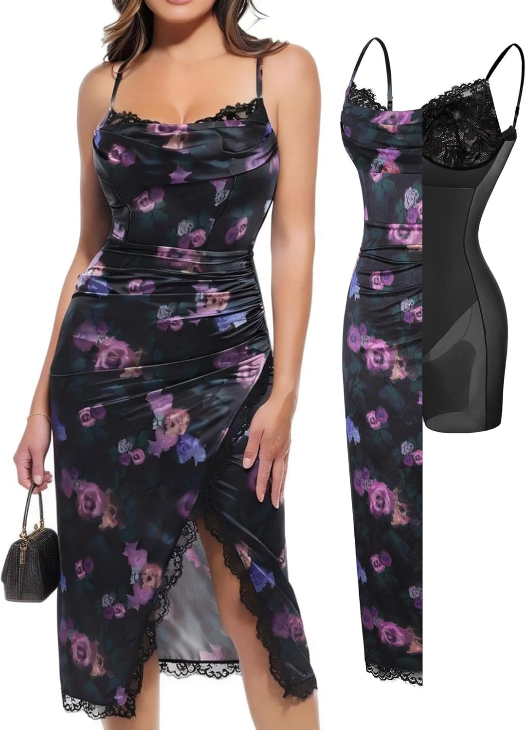Popilush satin ruched midi dress with lace trim bra in {color}, elegant date night style — view 1