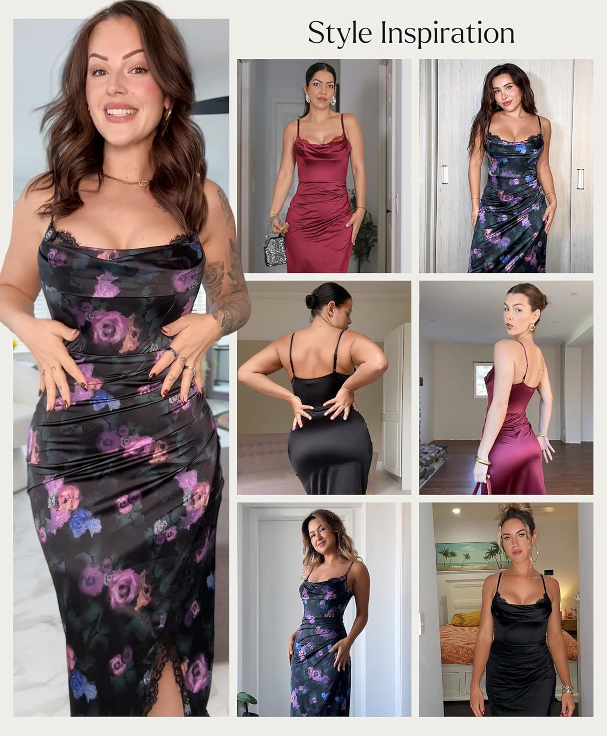 Popilush satin ruched midi dress with lace trim bra in {color}, elegant date night style — view 2