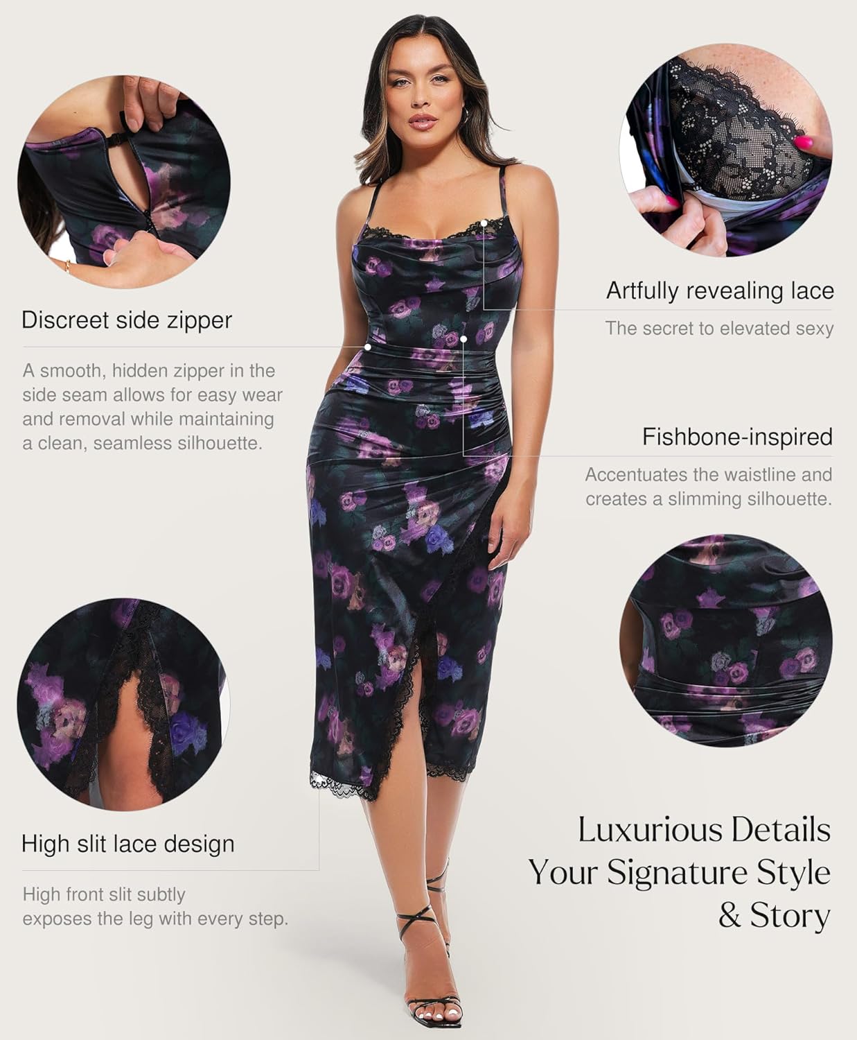 Popilush satin ruched midi dress with lace trim bra in {color}, elegant date night style — view 3