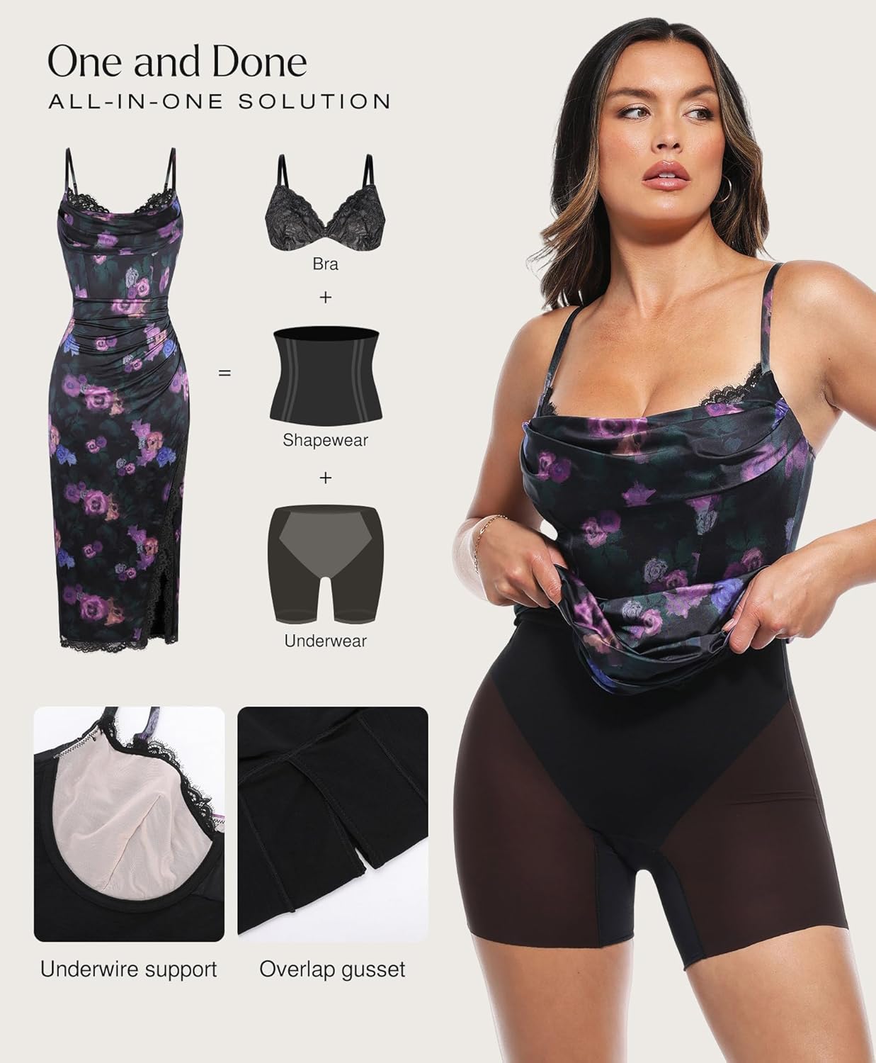 Popilush satin ruched midi dress with lace trim bra in {color}, elegant date night style — view 4