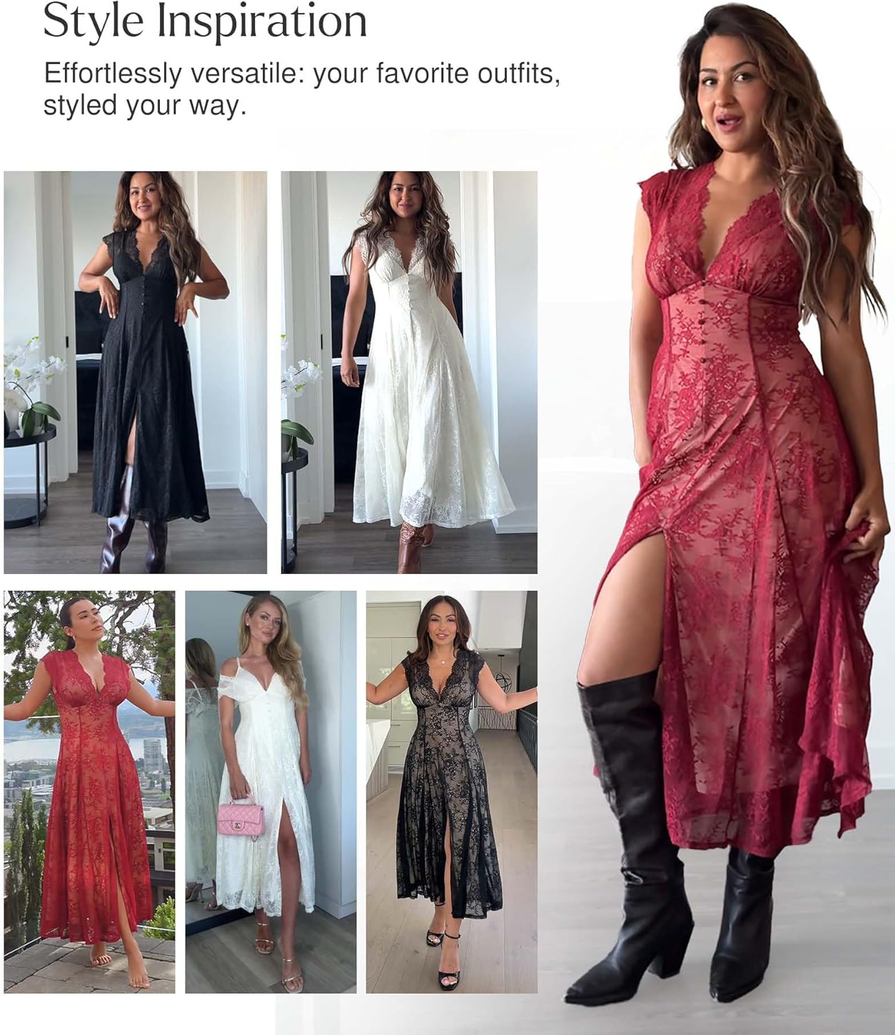 Popilush women's lace sleeveless maxi shapewear dress in {color}, V-neck neckline, wedding guest style — view 3