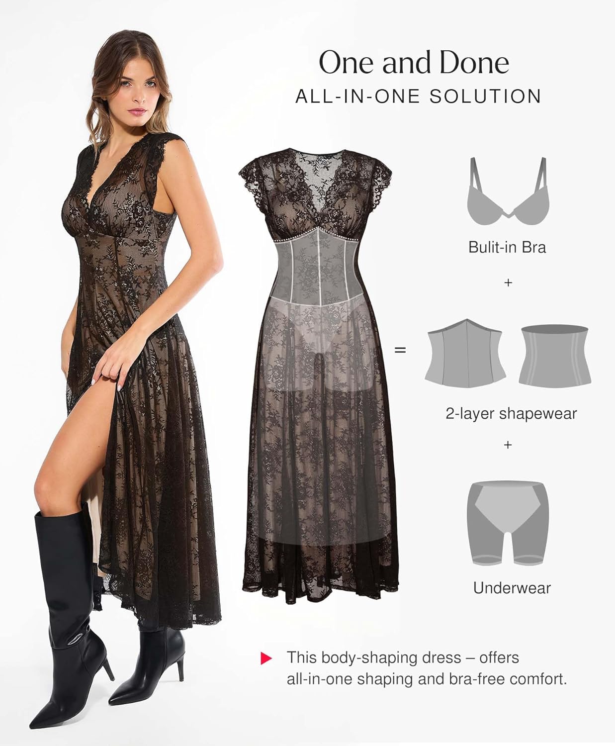 Popilush women's lace sleeveless maxi shapewear dress in {color}, V-neck neckline, wedding guest style — view 4
