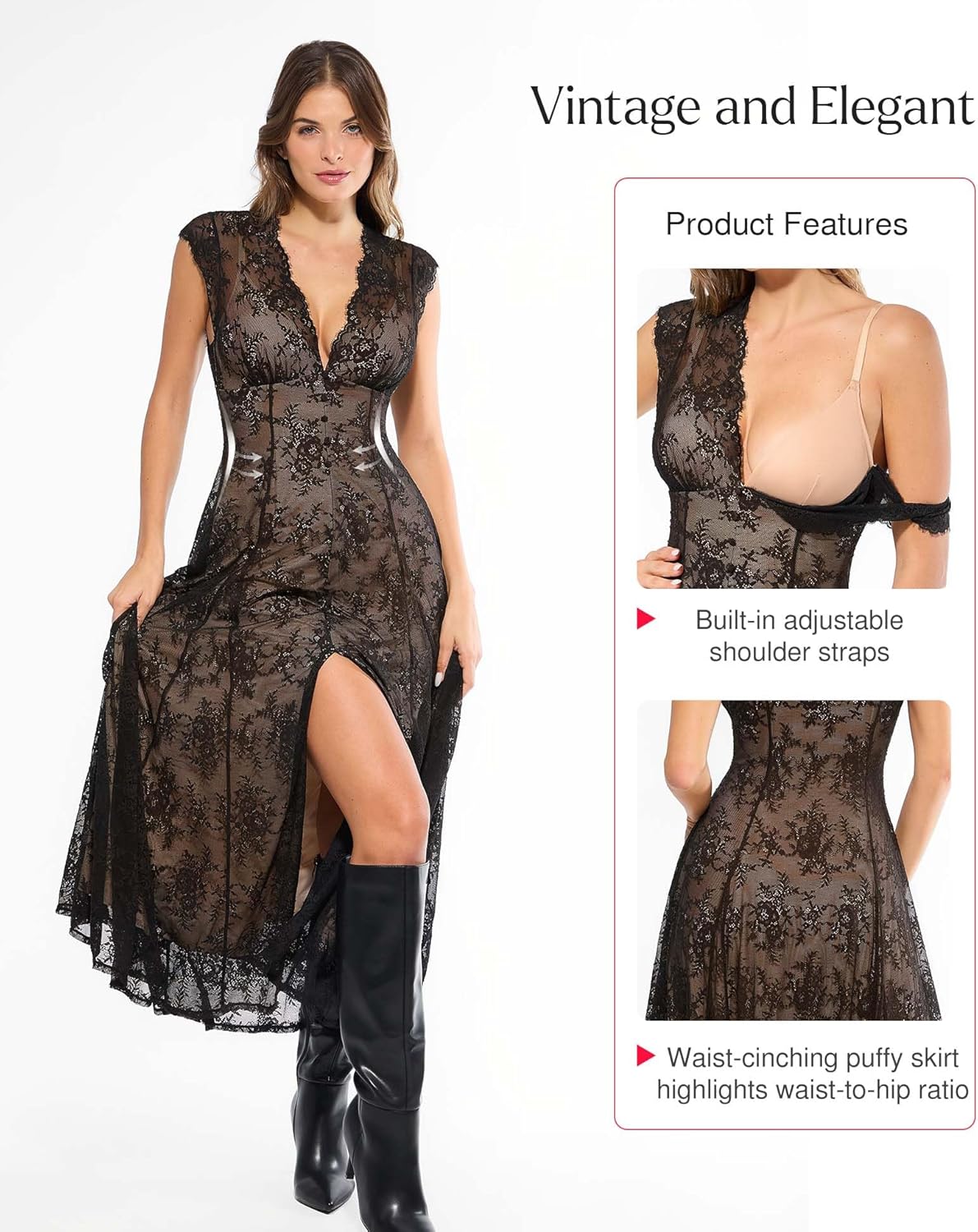 Popilush women's lace sleeveless maxi shapewear dress in {color}, V-neck neckline, wedding guest style — view 2