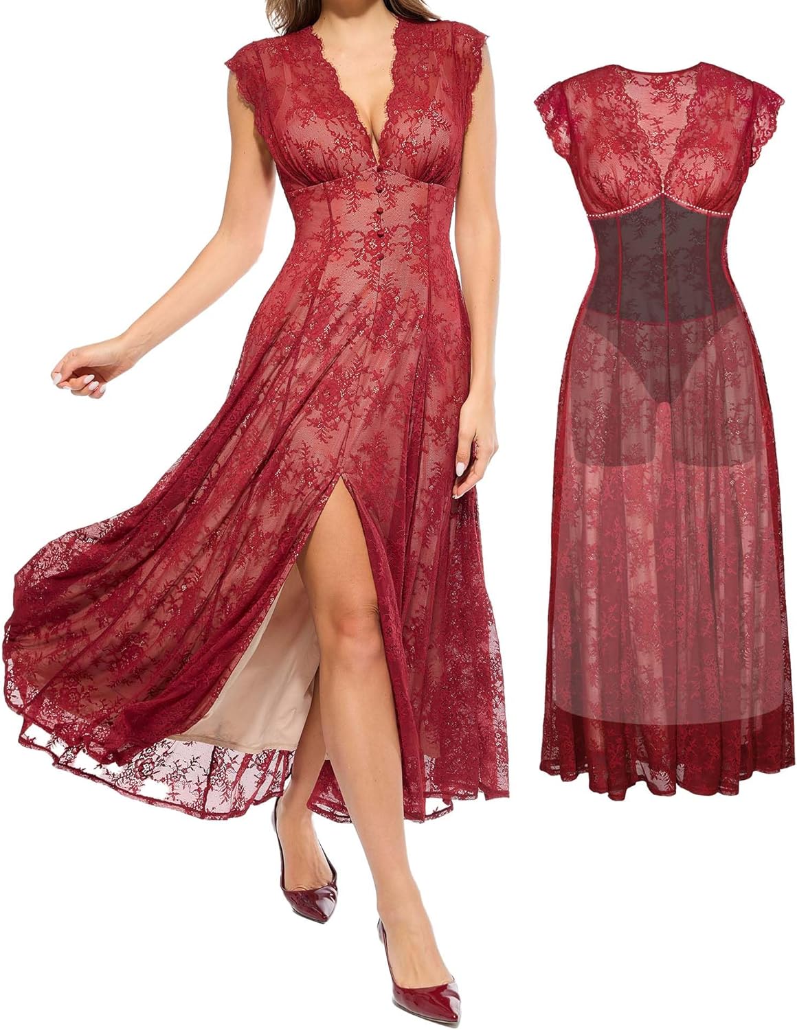 Popilush women's lace sleeveless maxi shapewear dress in {color}, V-neck neckline, wedding guest style — view 4