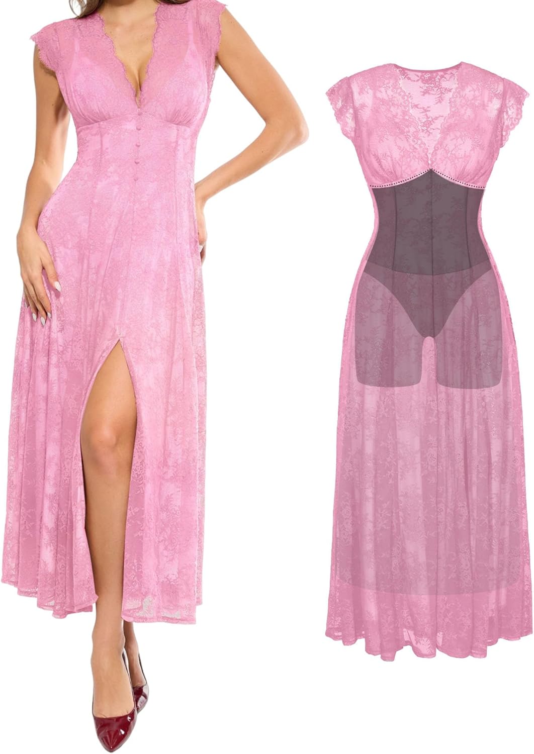 Popilush women's lace sleeveless maxi shapewear dress in {color}, V-neck neckline, wedding guest style — view 5