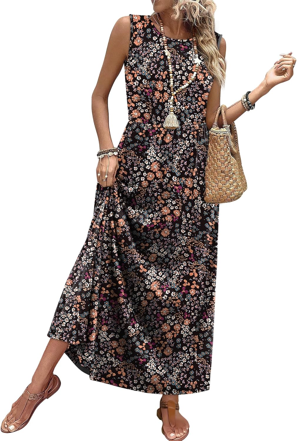 WIHOLL sleeveless A-line maxi dress in [COLOR] with pockets, boho summer style — view 4